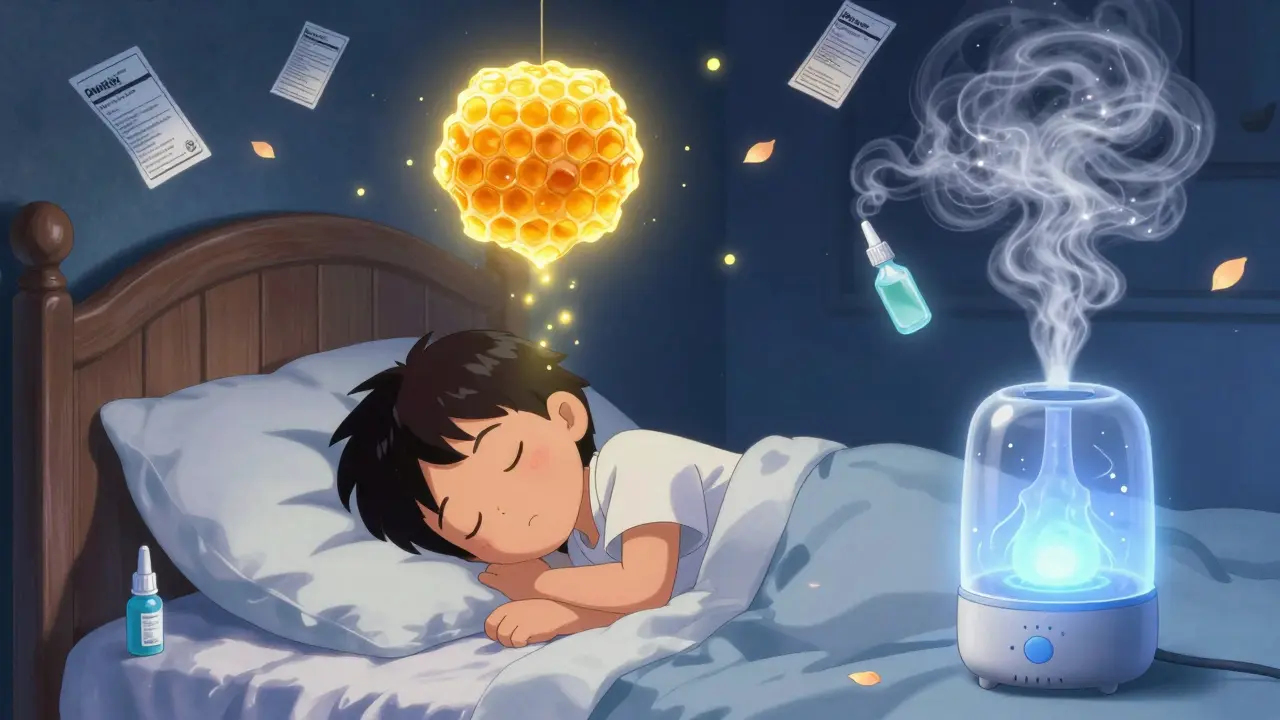 A sleeping child with golden honey particles and saline mist soothing their cough in a moonlit room.