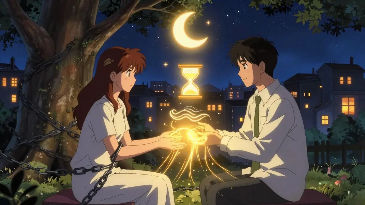 A therapist and patient linked by golden light as chains of pain and insomnia dissolve around them.