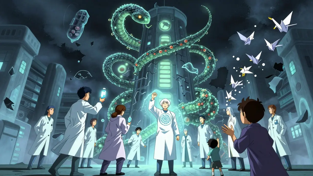 A towering superbug encircling a hospital as healthcare workers perform a ritual of desensitization, releasing glowing penicillin cranes.
