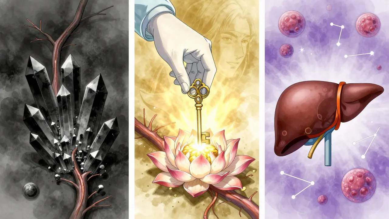 A triptych: blocked vein, anticoagulant key dissolving clot into lotus petals, and restored liver surrounded by celestial blood cells.