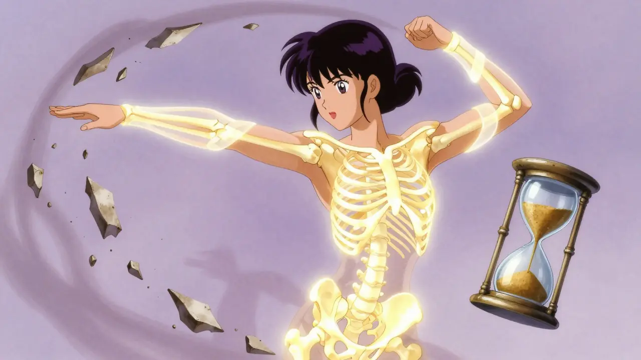 A woman exercising with glowing resistance bands as her skeleton regains strength and light.