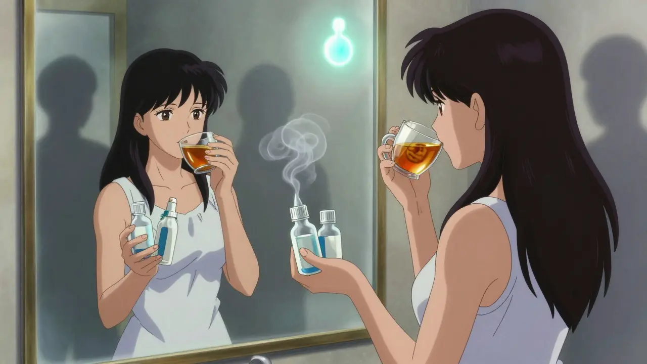 A woman letting go of ineffective cold meds as she embraces simple remedies like honey and saline spray.