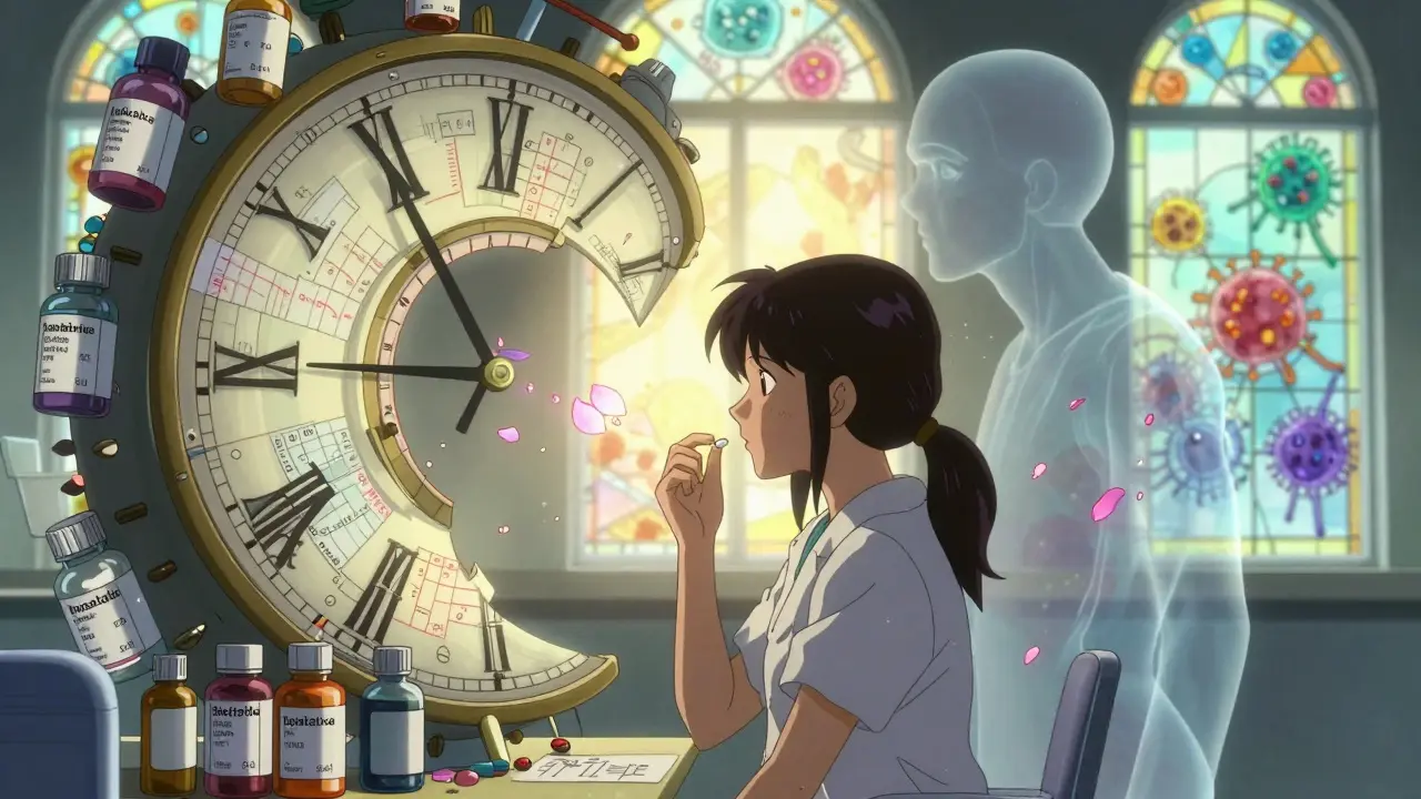 A woman taking a tiny pill at dawn, surrounded by floating dosage charts and fading threat symbols in soft light.