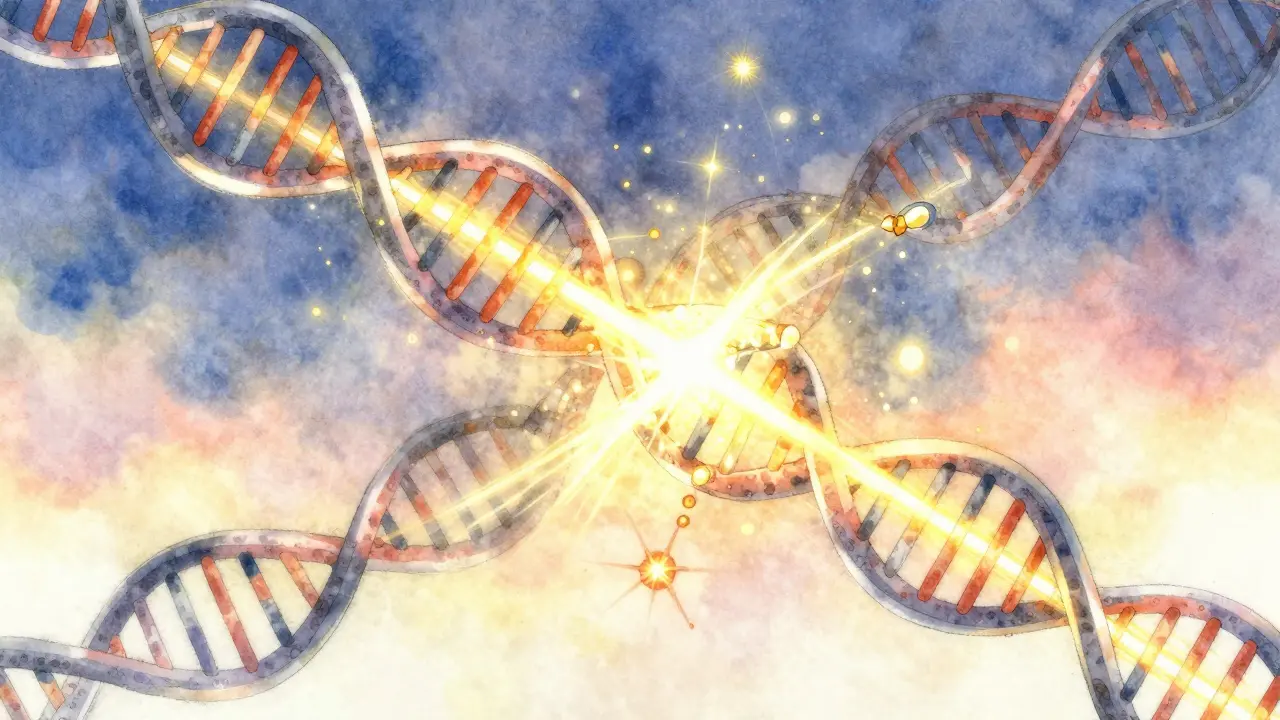 Abstract concept of gene therapy repairing DNA strands with glowing light.