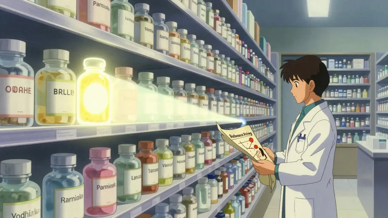 An infinite pharmacy shelf where generic drugs glow with subsidy light, dissolving more expensive branded bottles in delicate ink patterns.