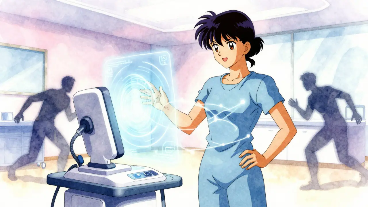 Confident individual managing health with futuristic glowing digital health tool