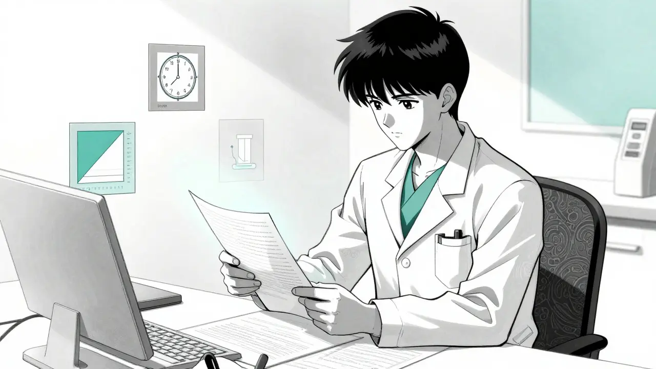 Doctor reviewing file with safety symbols in watercolor art.