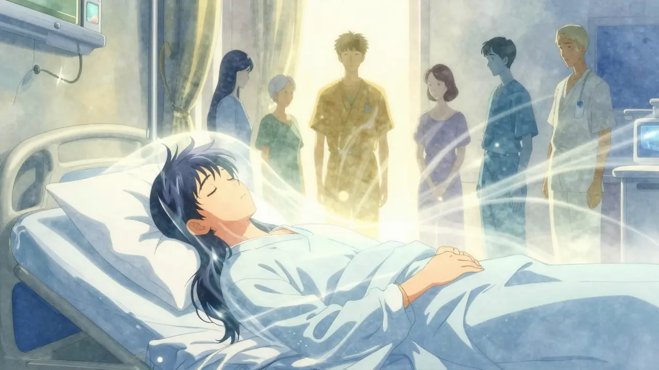 Patient sleeps safely with medical guardians in ethereal style.