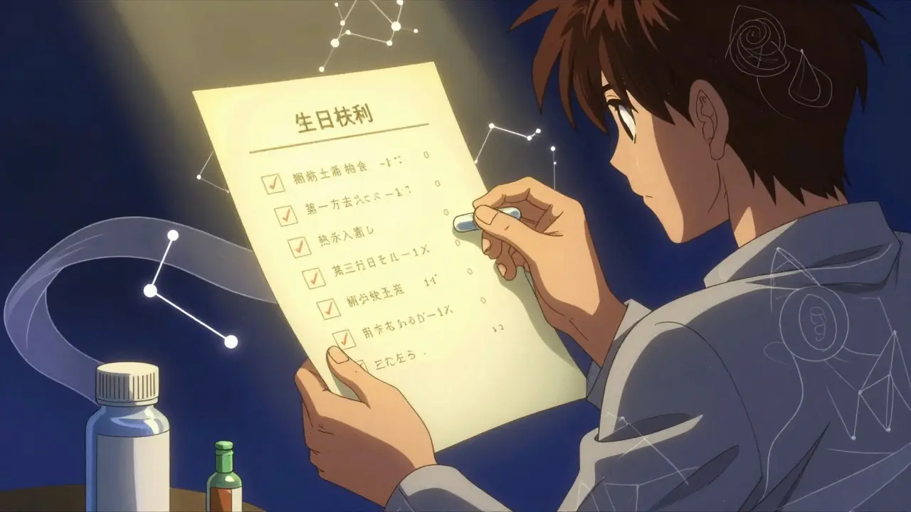 Person checking medication details surrounded by glowing protective magical symbols