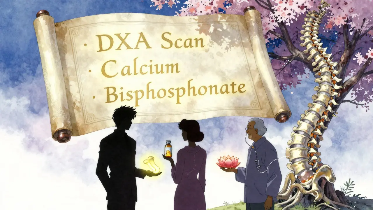 Three people receiving protective talismans for bone health, with a medical checklist floating above.