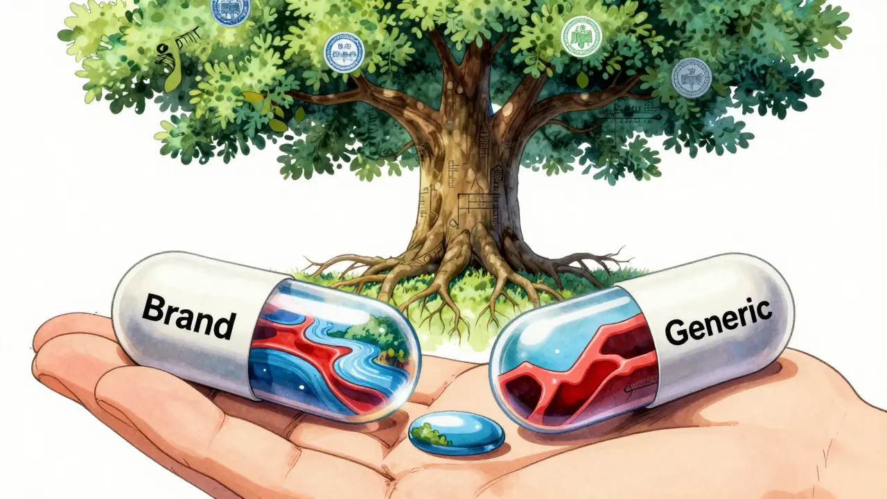 Two pills dissolve into watercolor landscapes showing bloodflow differences, beneath a tree with medical chart roots and FDA leaves.