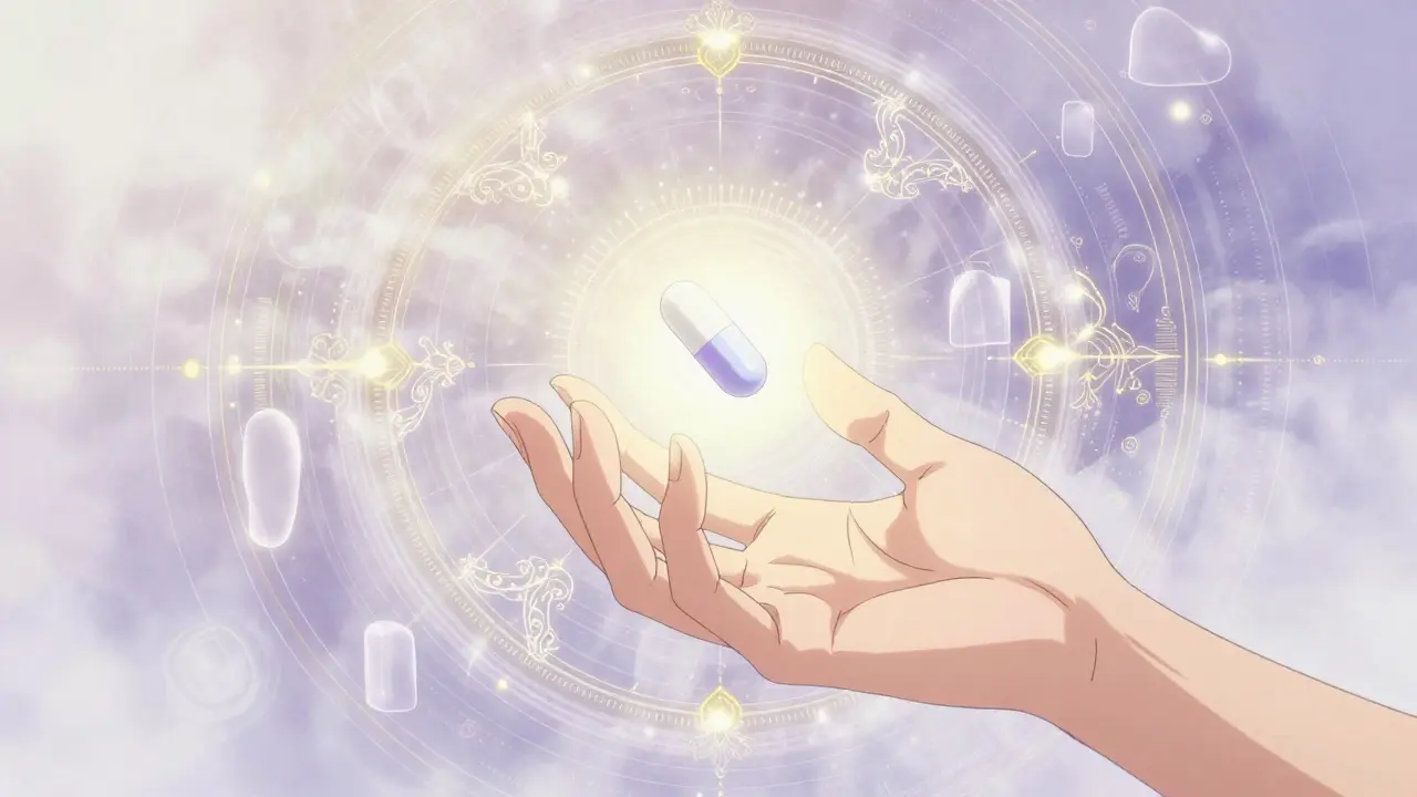 A delicate hand reaching for a glowing medicine tablet amidst swirling baroque patterns.