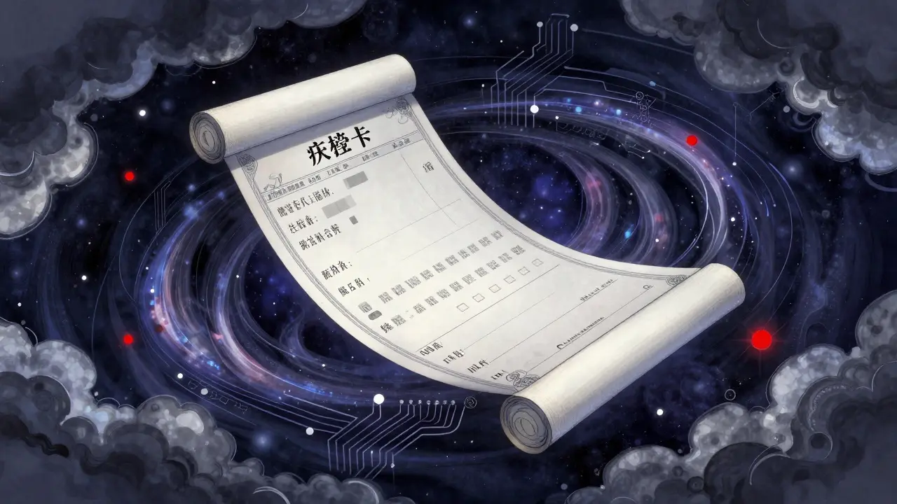 A floating digital prescription scroll amidst celestial ink swirls