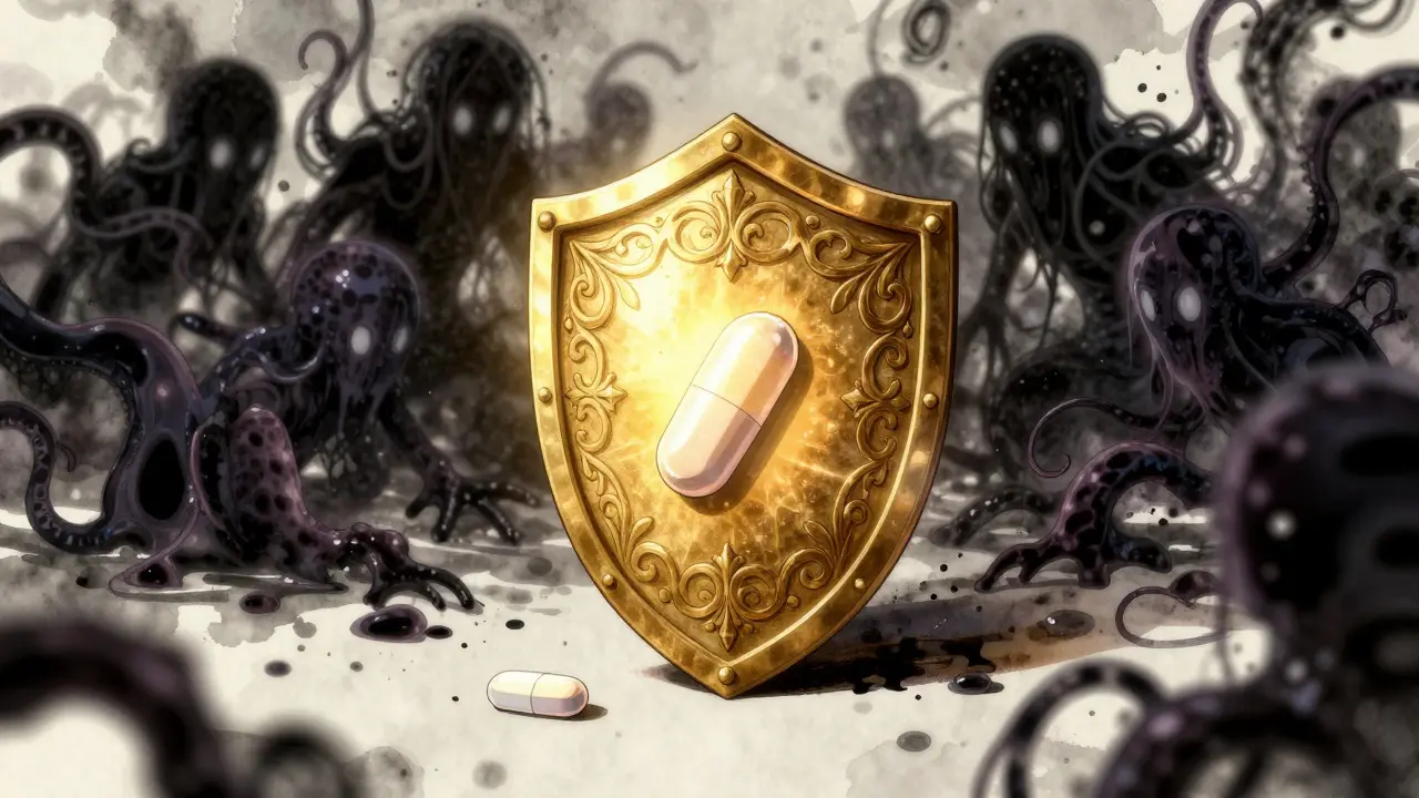 A glowing tablet protected by a golden shield from dark shadows