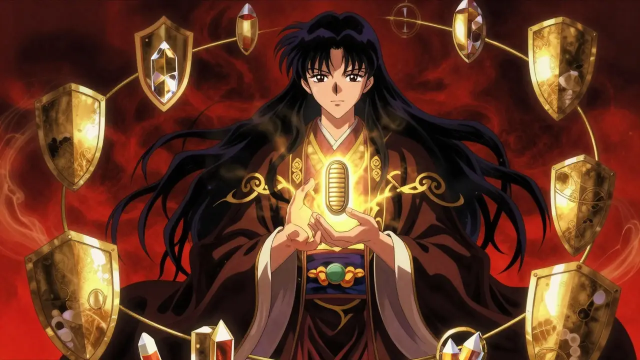 An ornate guardian figure holding a glowing seal of authenticity in a stylized artistic manner.