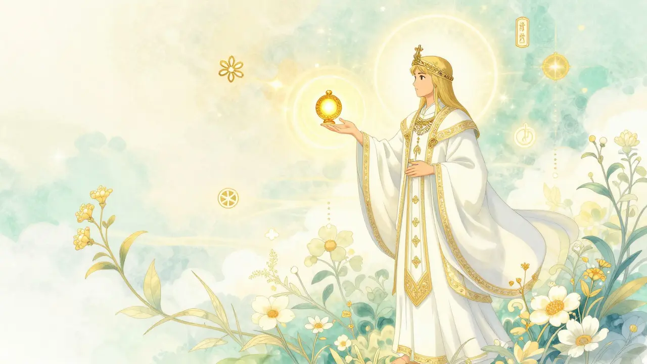 Ethereal depiction of a healer and a golden seal of medical authenticity in a serene setting.