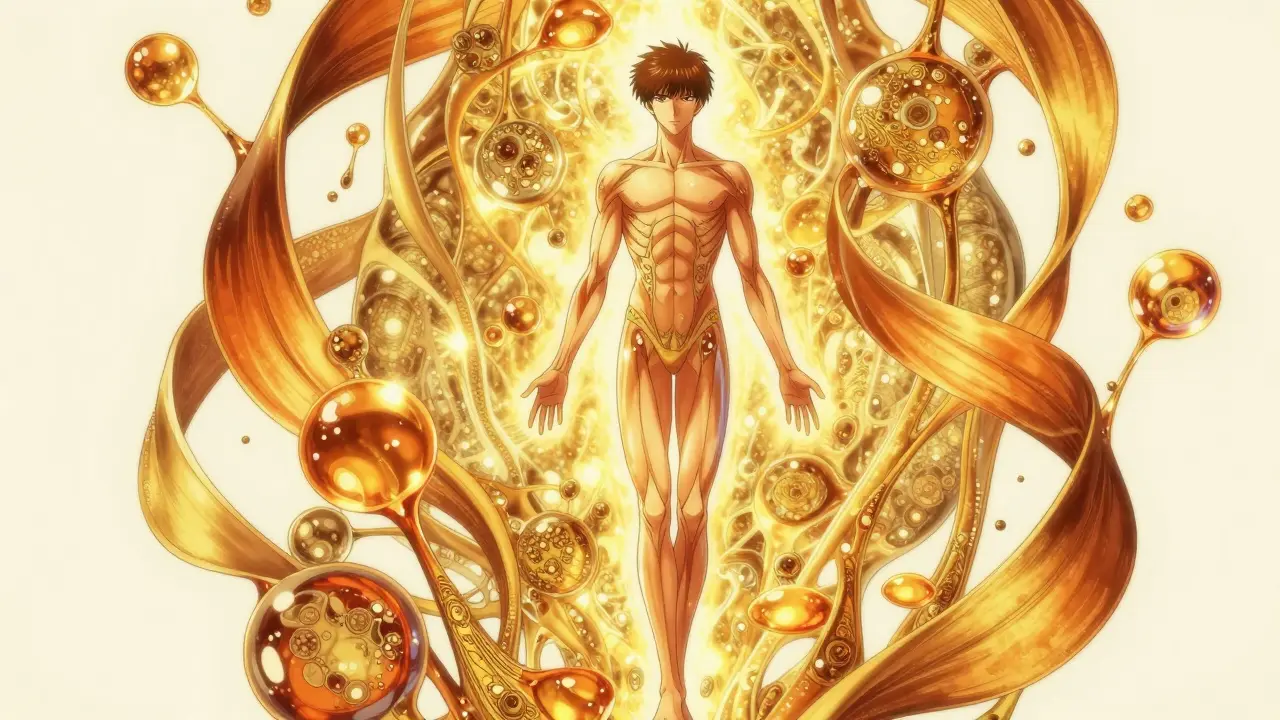 Ethereal figure ascending amidst golden light and flowing ribbons of liquid nutrition.