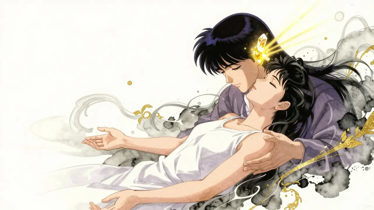 Figure undergoing a healing head maneuver with golden light and flowing lines