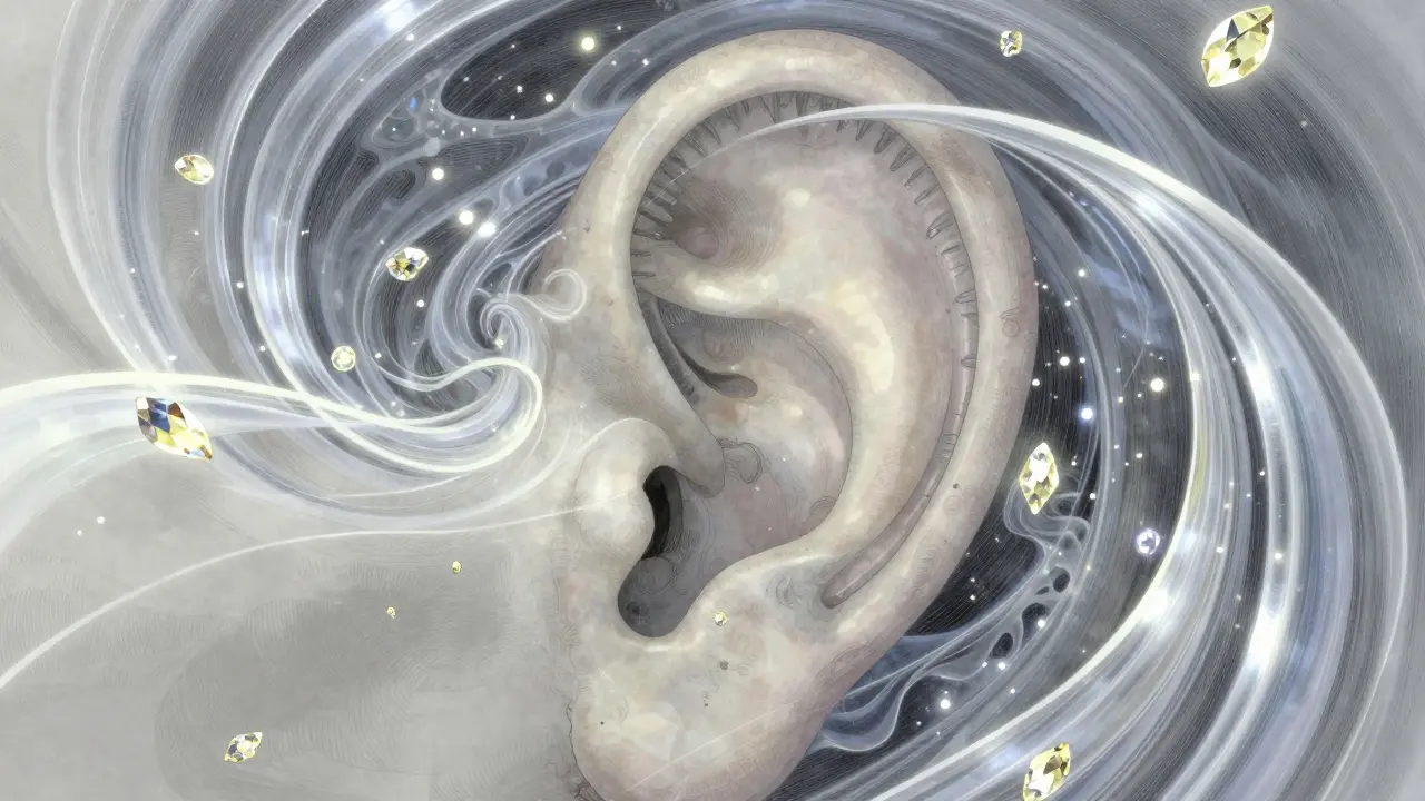 Stylized internal ear with glowing crystals floating in crystalline canals