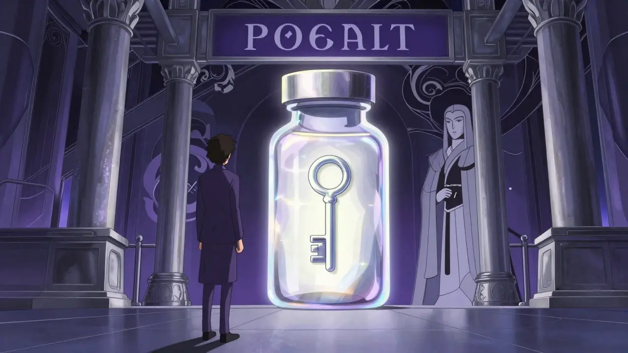 Stylized traveler presenting a labeled pharmacy bottle to a customs official.