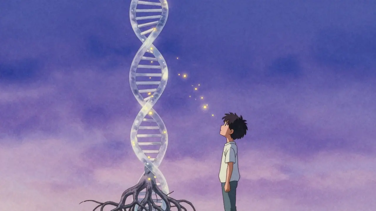 Teen looking at DNA tree structure, glowing particles