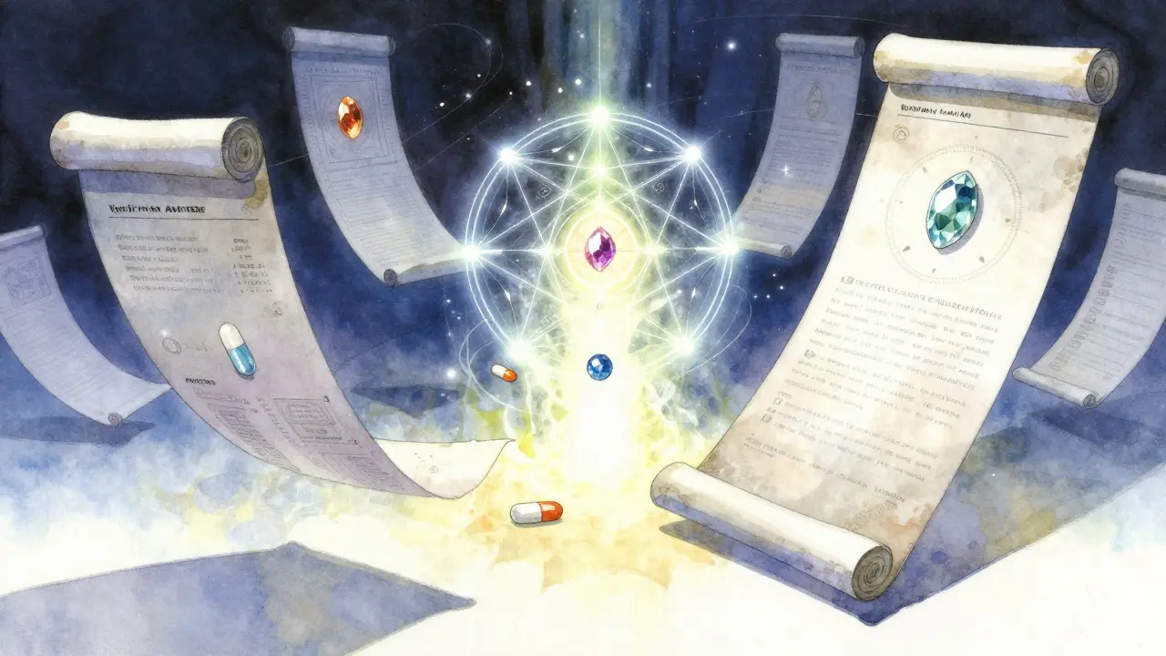 Translucent scrolls and glowing gems representing digital pharmacy options in an ethereal style.
