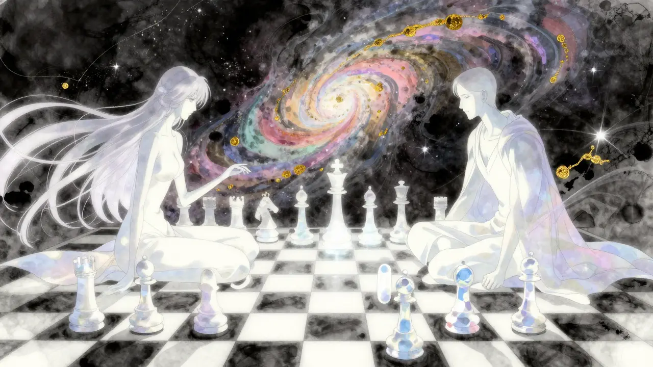 Two ethereal figures playing chess with medicine-shaped pieces in a cosmic setting.